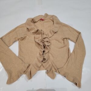 Ruffled Tan Rabbit Hair Cardigan Sweater Tie Front